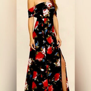 Lulus I Care black floral off the shoulder maxi